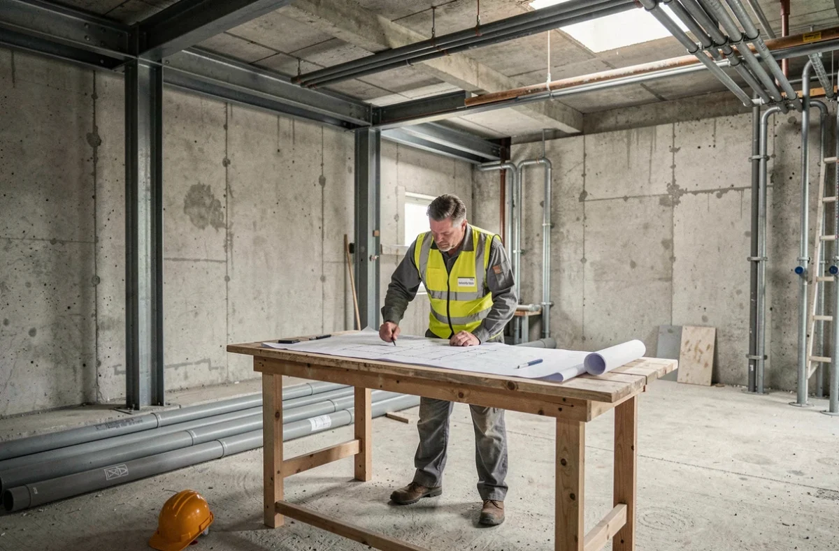 Technicien de 2b Tec consultant des plans de plomberie sur un chantier commercial en cours à Clermont-Ferrand