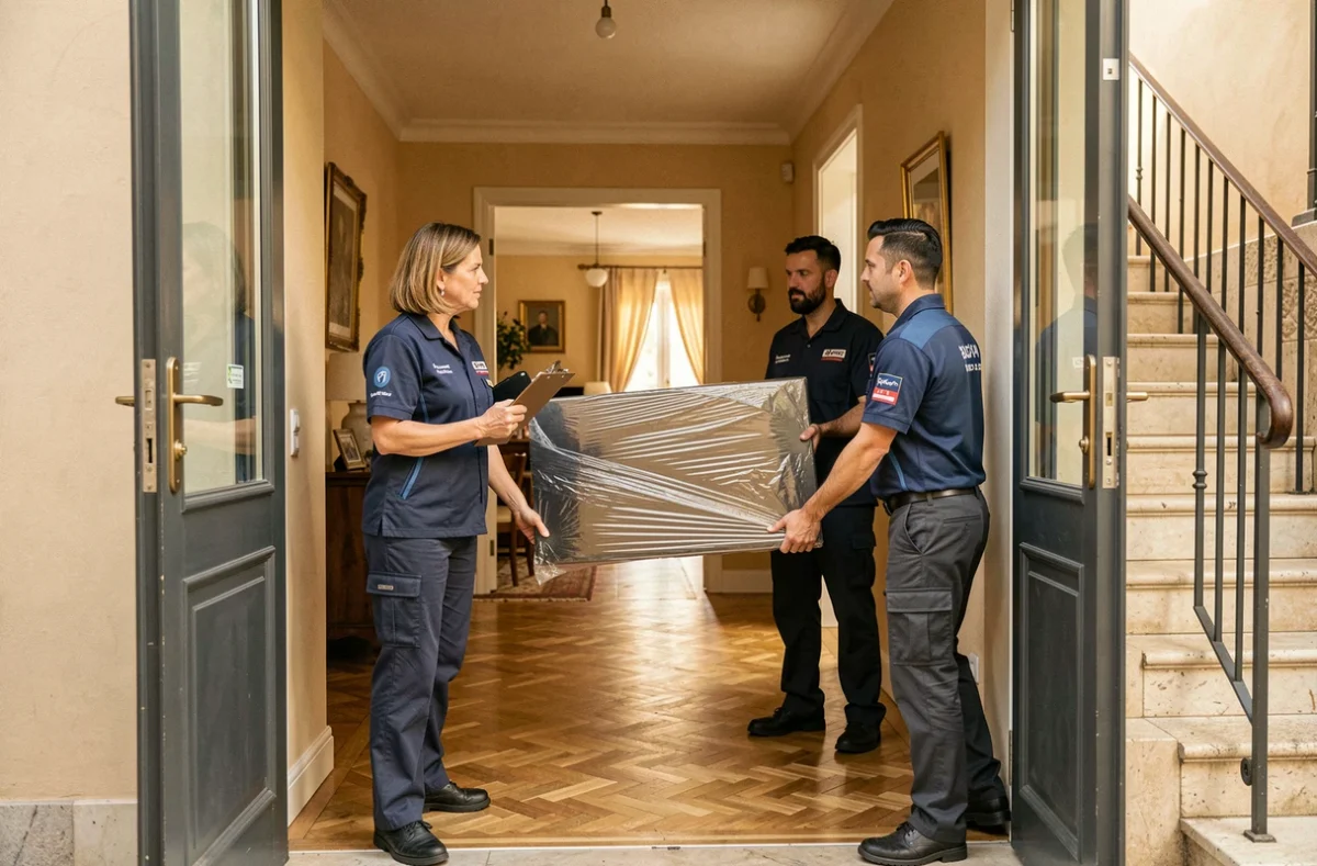 Coordinatrice ADC Déménagement supervisant le transport d'une télévision lors d'un déménagement à Aix-en-Provence