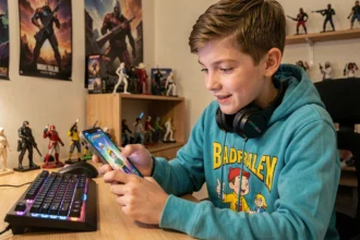Adolescent gamer tenant un smartphone avec interface de jeu mobile colorée dans une chambre gaming décorée de posters et figurines