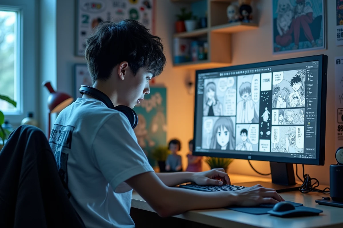 Adolescent passionné de manga lisant des scans en ligne sur un grand écran d'ordinateur dans sa chambre