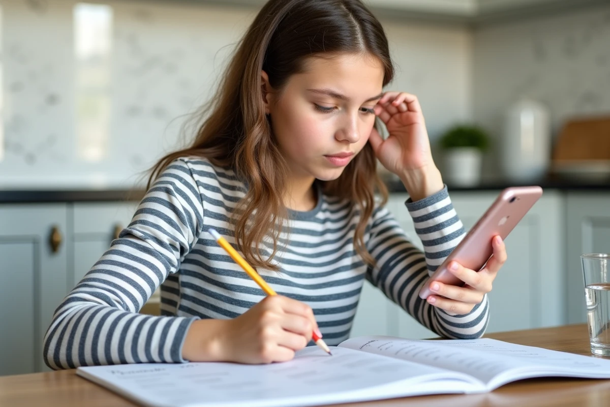 Adolescente révisant les règles d'orthographe du verbe mettre en consultant son téléphone avec un cahier d'exercices de français ouvert