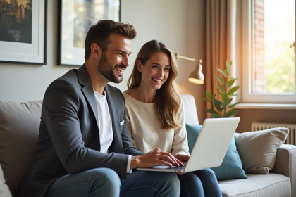 Agent immobilier et couple examinant une estimation de maison