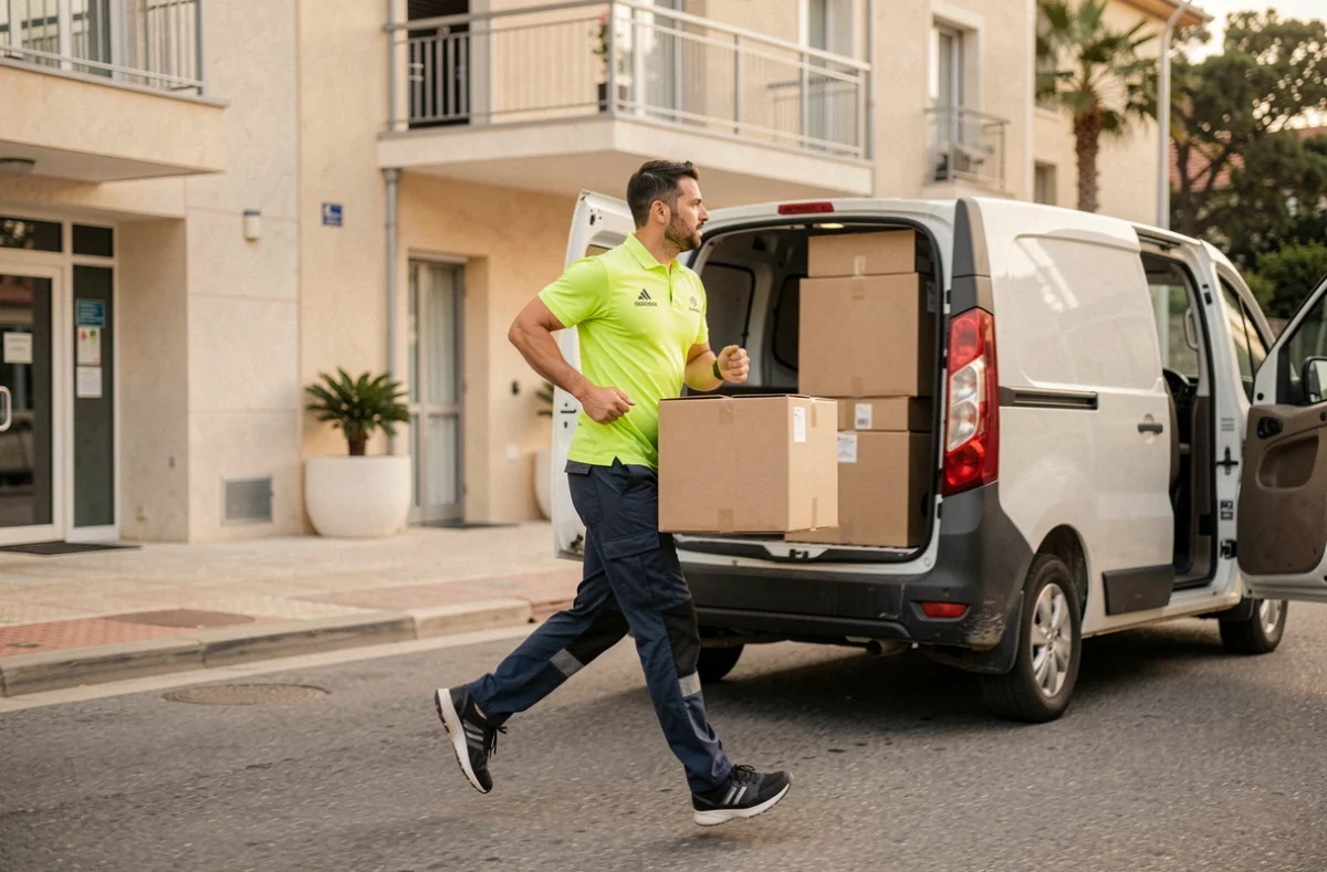 Déménageur AGO Fast transportant rapidement des cartons vers un utilitaire blanc dans une rue d'Aix-en-Provence