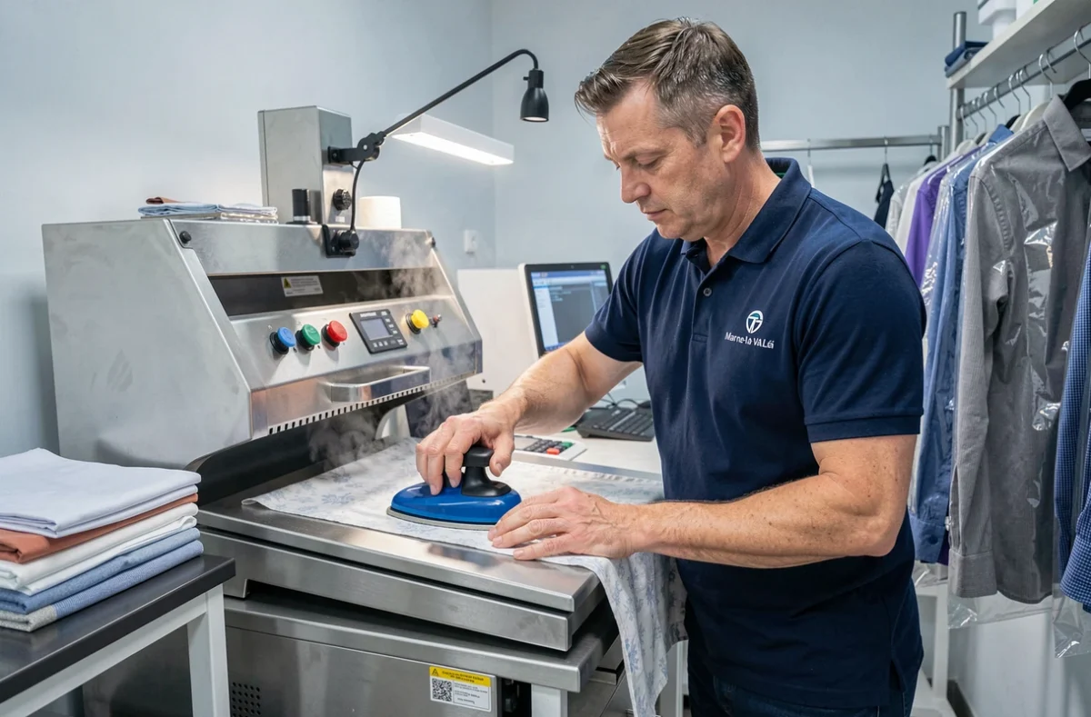 Technicien de l'Aïco repassant un tissu délicat sur presse professionnelle à Marne-la-Vallée