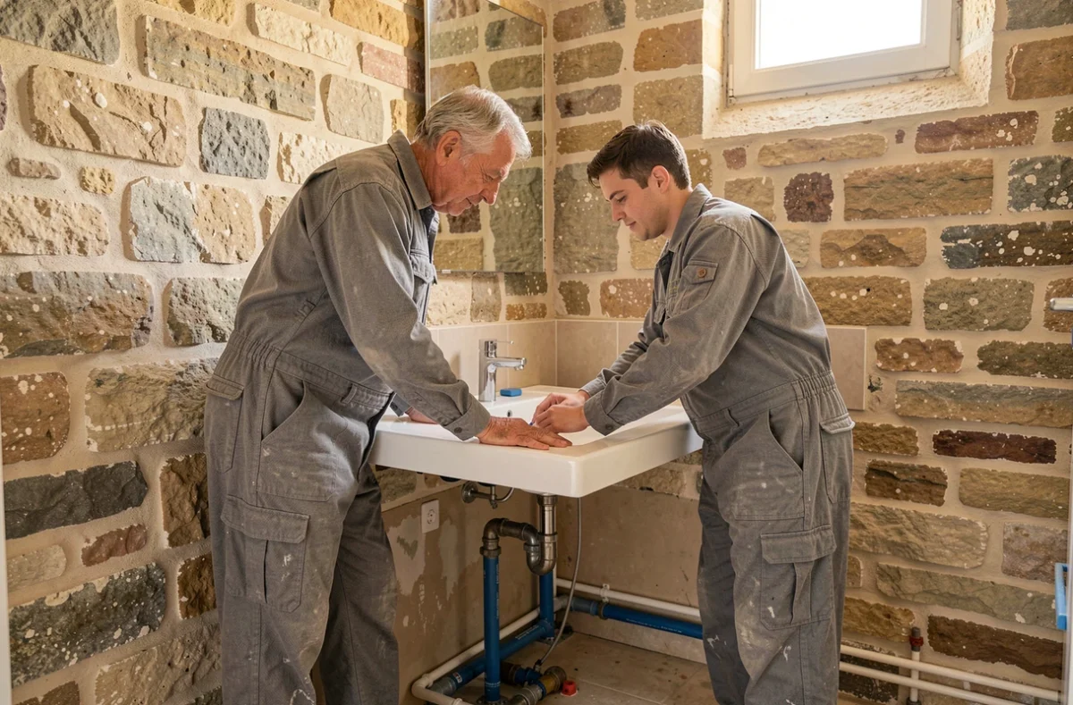 Duo père et fils d'AJM Plomberie installant un meuble vasque dans une maison rénovée à Clermont-Ferrand