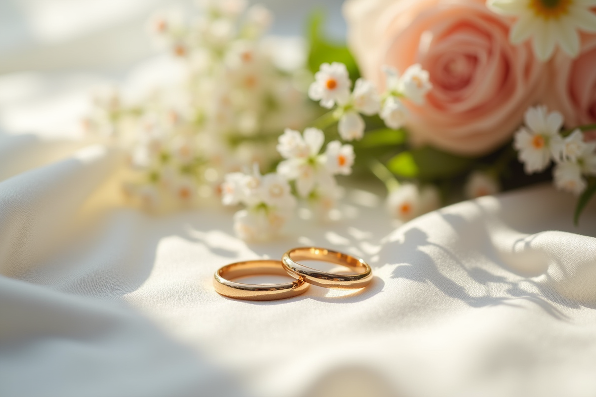 Alliances entrelacées avec bouquet floral et carte d anniversaire