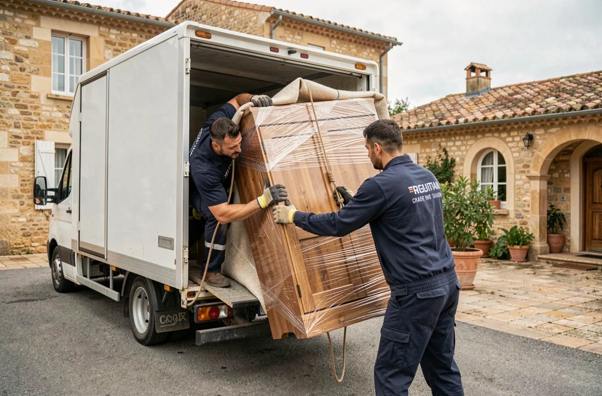 Deux déménageurs Alpha Déménagements glissant une armoire emballée dans le camion à Aix-en-Provence