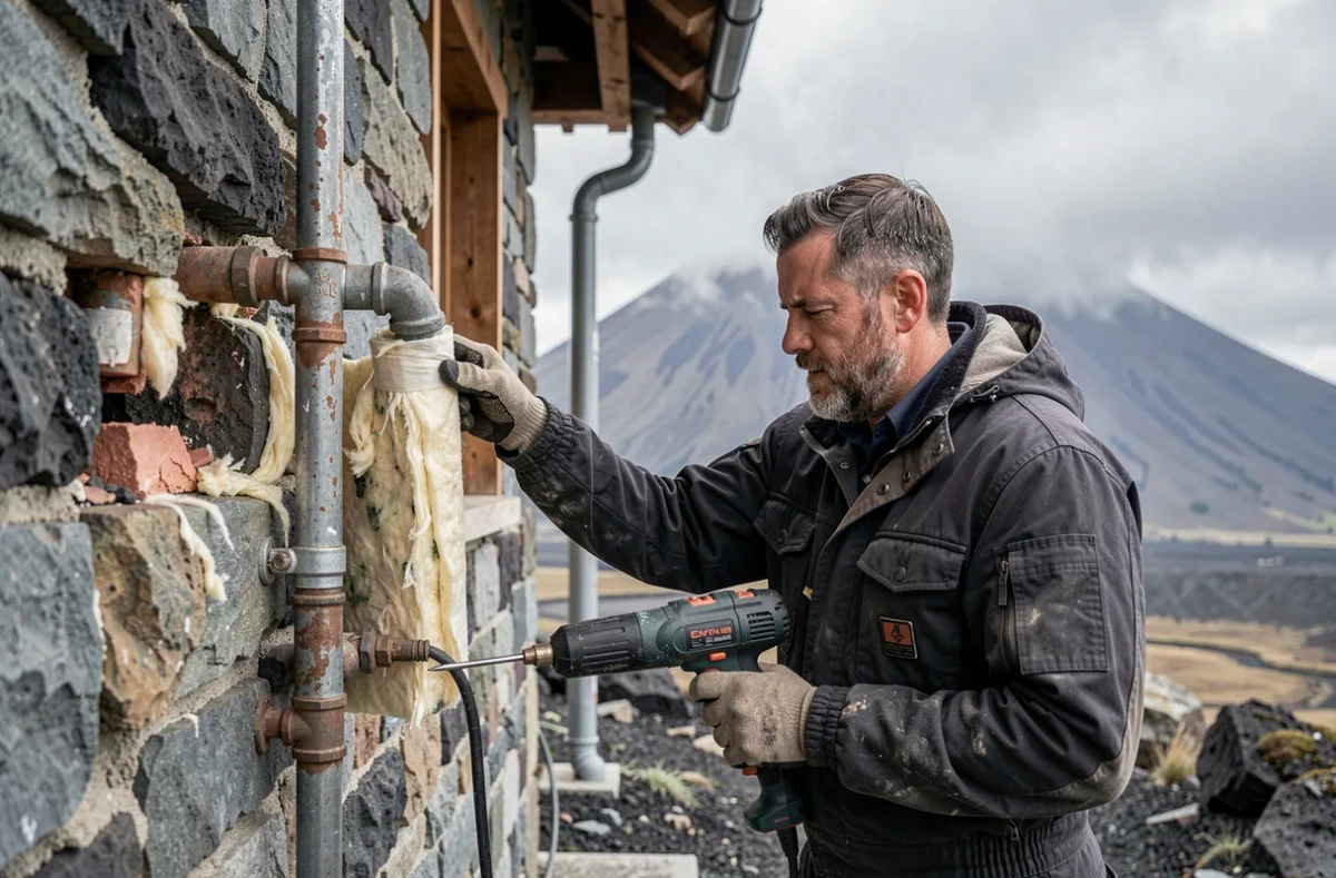 Plombier d'Altitud'BTP travaillant sur les tuyaux d'un chalet en pierre dans les hauteurs volcaniques près de Clermont-Ferrand