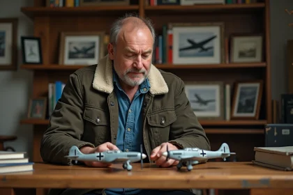 Homme passionne d aviation compare deux modeles bf 109