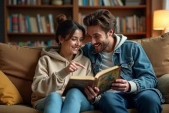 Deux amis découvrant ensemble un manga dans un appartement cosy, l'une montrant enthousiaste un volume à l'autre