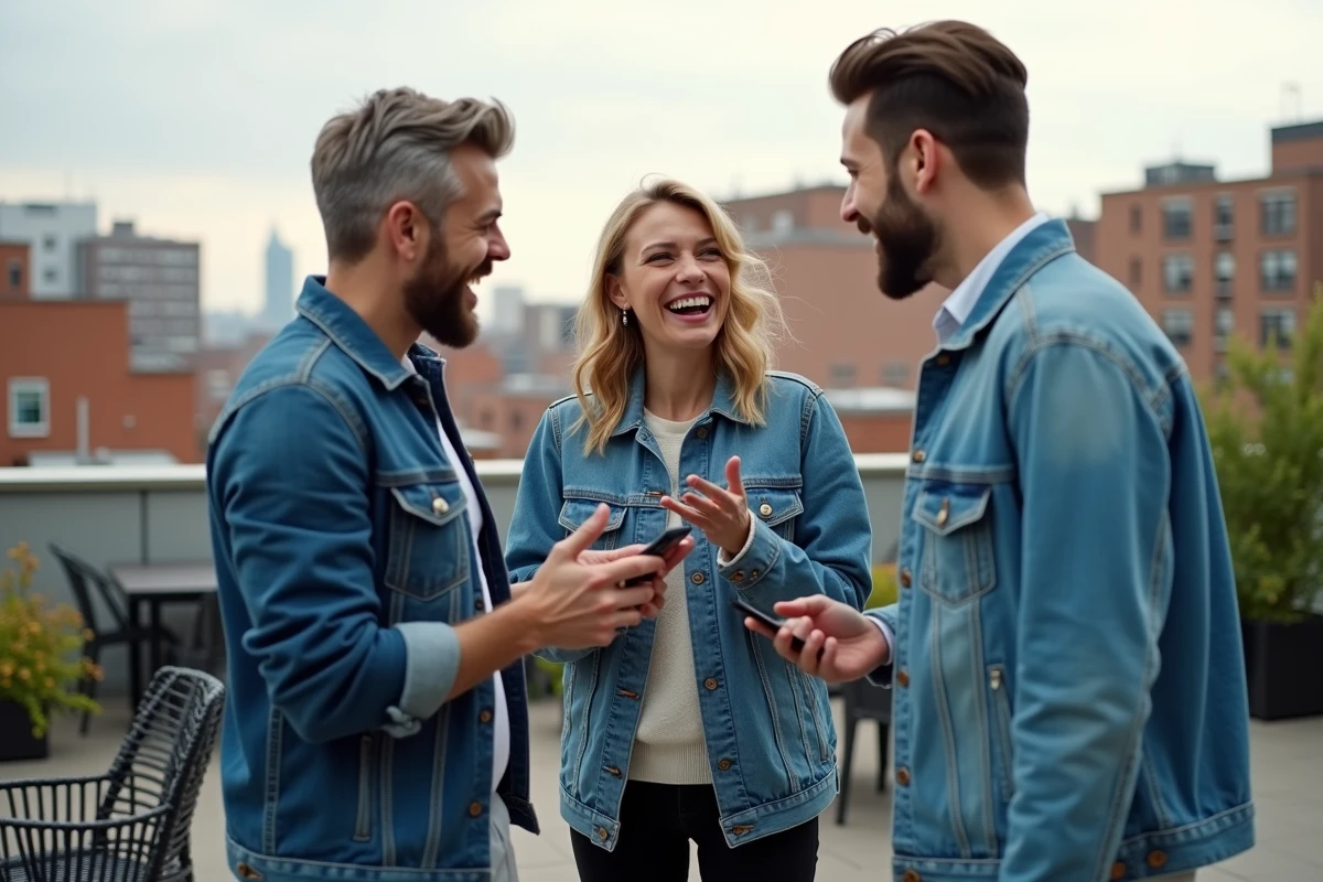 Trois amis discutant d un sondage WhatsApp sur un toit urbain