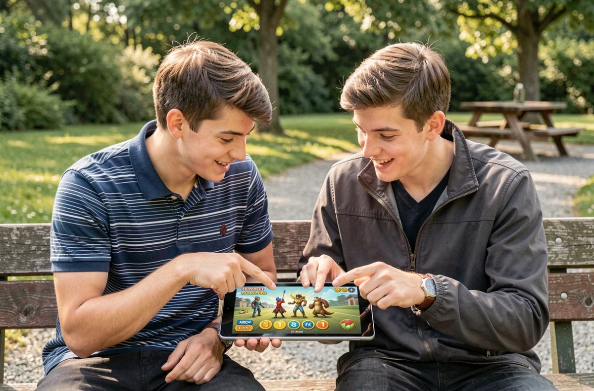 Deux amis partageant une tablette affichant un menu de récompenses de jeu mobile dans un parc ensoleillé