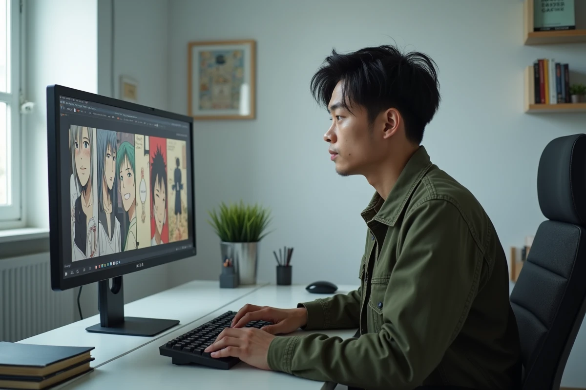 Homme analysant les différences visuelles entre Leorio dans le manga Hunter Hunter et sa version animée sur un écran d'ordinateur en split-screen