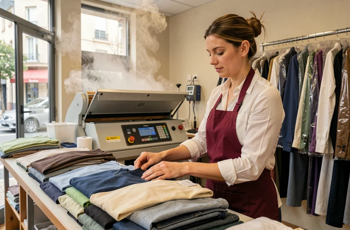 Employée de l'Aquarius Pressing à Marne-la-Vallée classant des vêtements propres