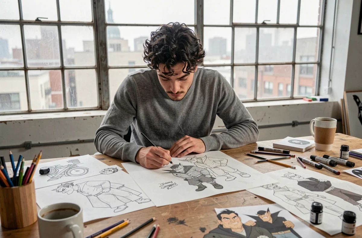 Artiste conceptuel dessinant des personnages masculins méchants Disney dans un studio urbain