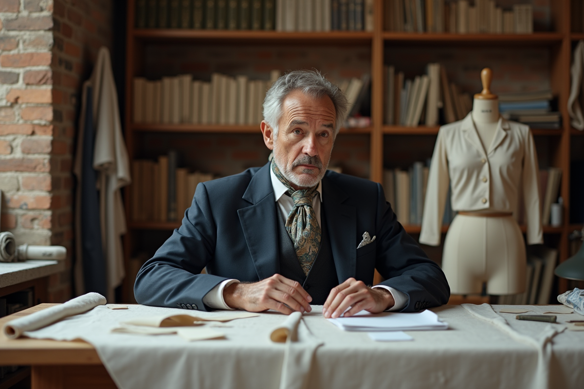 Homme élégant en atelier de mode parisien avec croquis et tissus