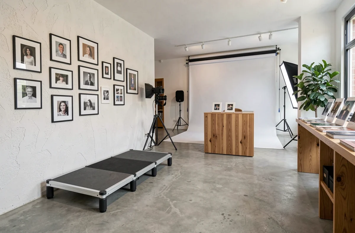 Intérieur de l'Atelier Photographique de Béthune, avec mur de portraits encadrés, sol béton et comptoir de réception professionnel