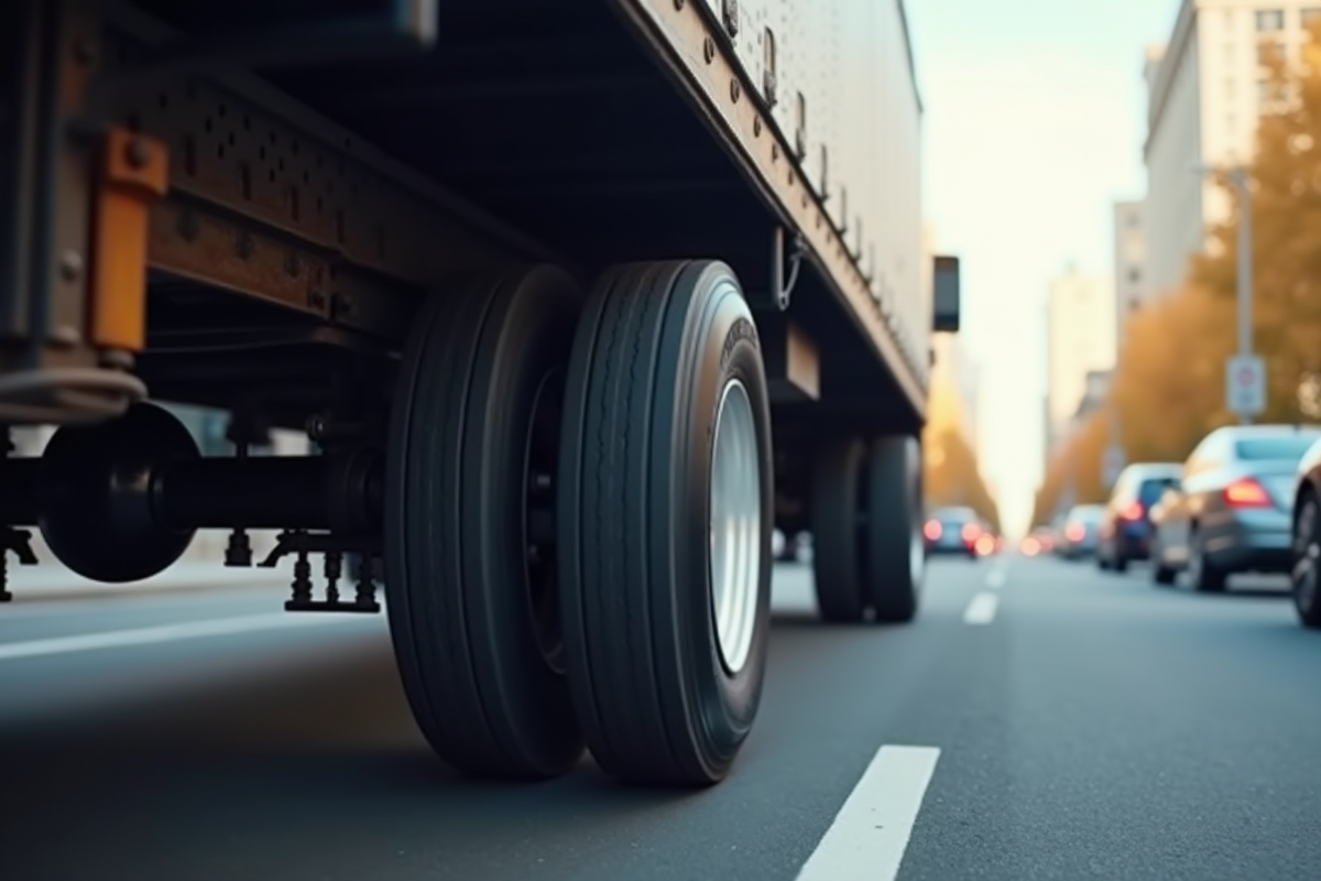 Détail d’un attelage de remorque avec roues en milieu urbain
