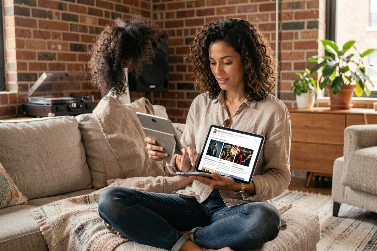 Femme lisant une newsletter de blog musique électronique sur tablette dans un salon moderne avec tourne-disque