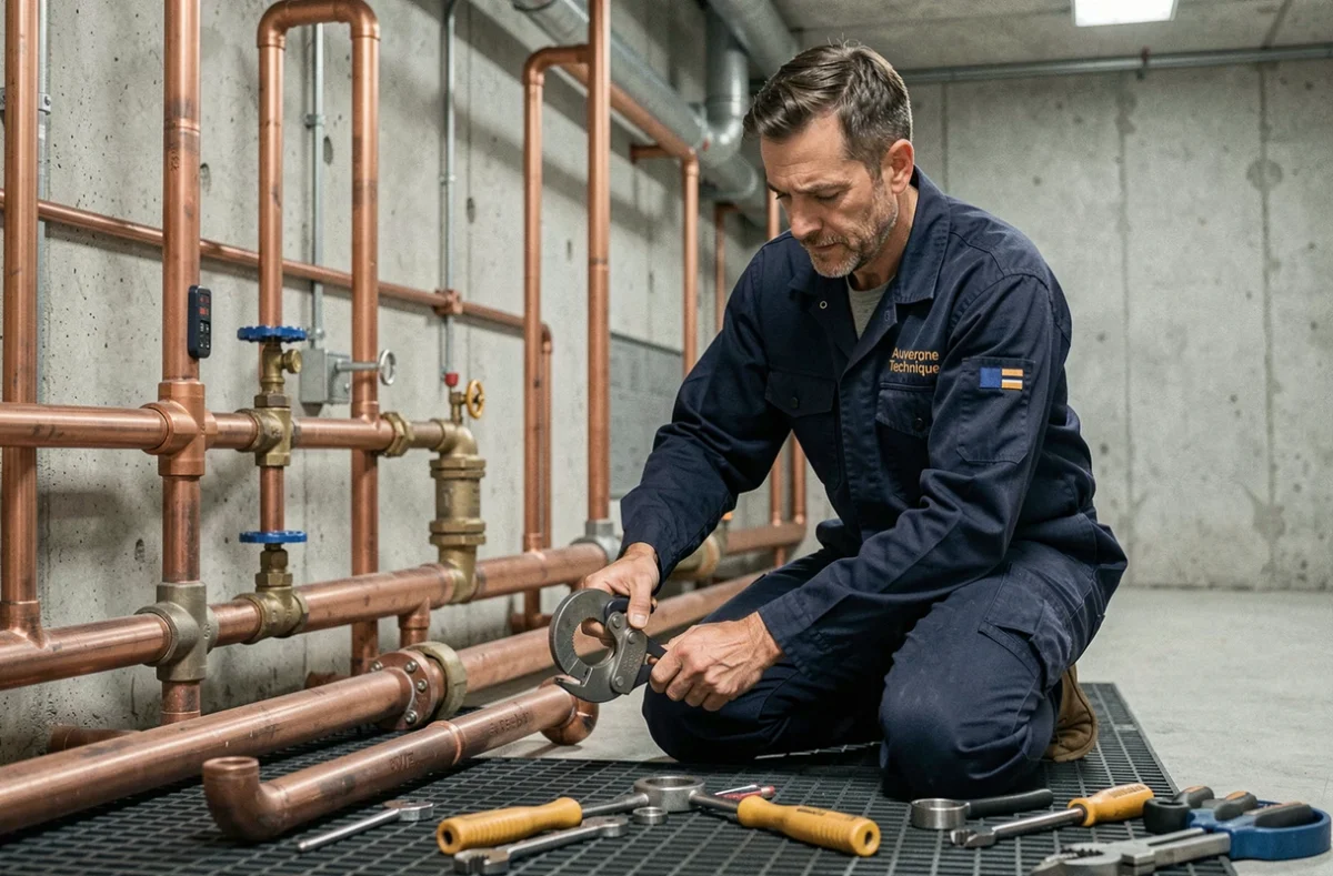 Technicien d'Auvergne Technique Plomberie coupant des tuyaux en cuivre dans une salle technique à Clermont-Ferrand