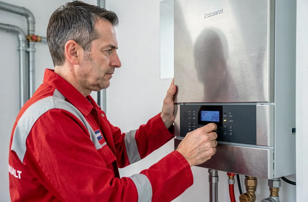 Technicien de Blanchet Plomberie Chauffage réglant une chaudière à condensation moderne dans une maison de Clermont-Ferrand
