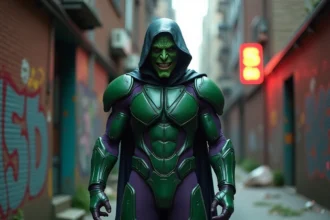 Cosplay détaillé du Bouffon Vert de Spider-Man dans une ruelle urbaine graffitée, personnage emblématique des vilains Marvel