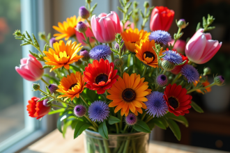 Bouquet de fleurs de printemps avec tulipes et thistles