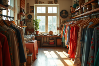 Boutique vintage bien organisée avec vêtements colorés