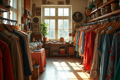 Boutique vintage bien organisée avec vêtements colorés