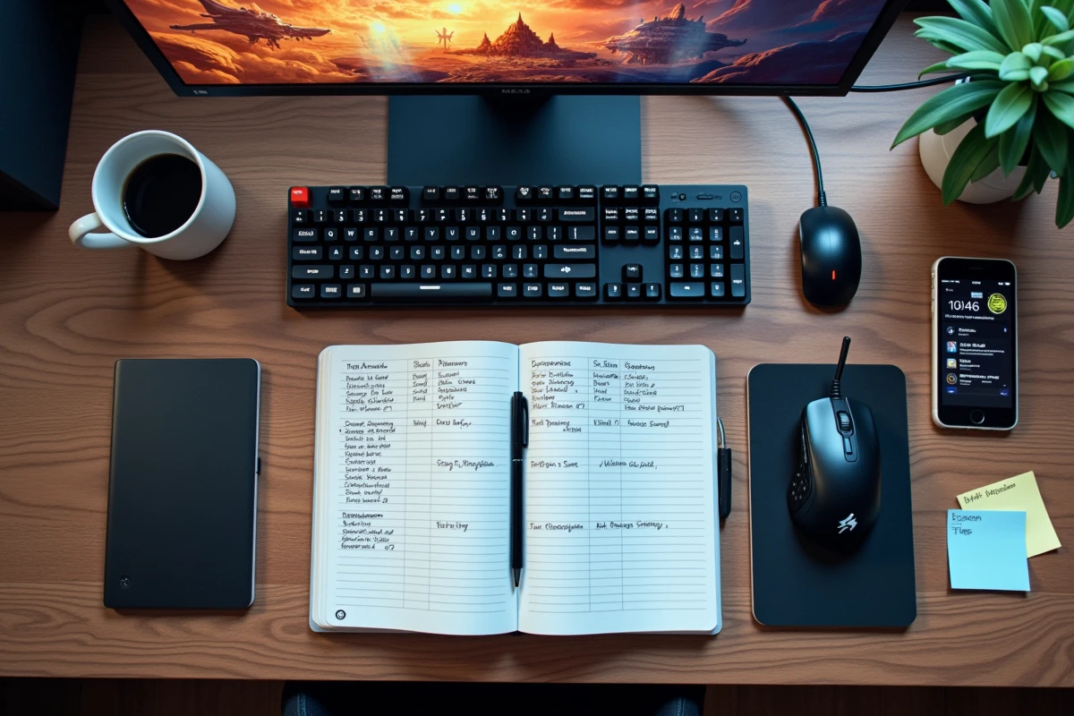 Vue aérienne d'un bureau de gamer avec notebook de planification de sessions farm Dofus portails et setup clavier souris