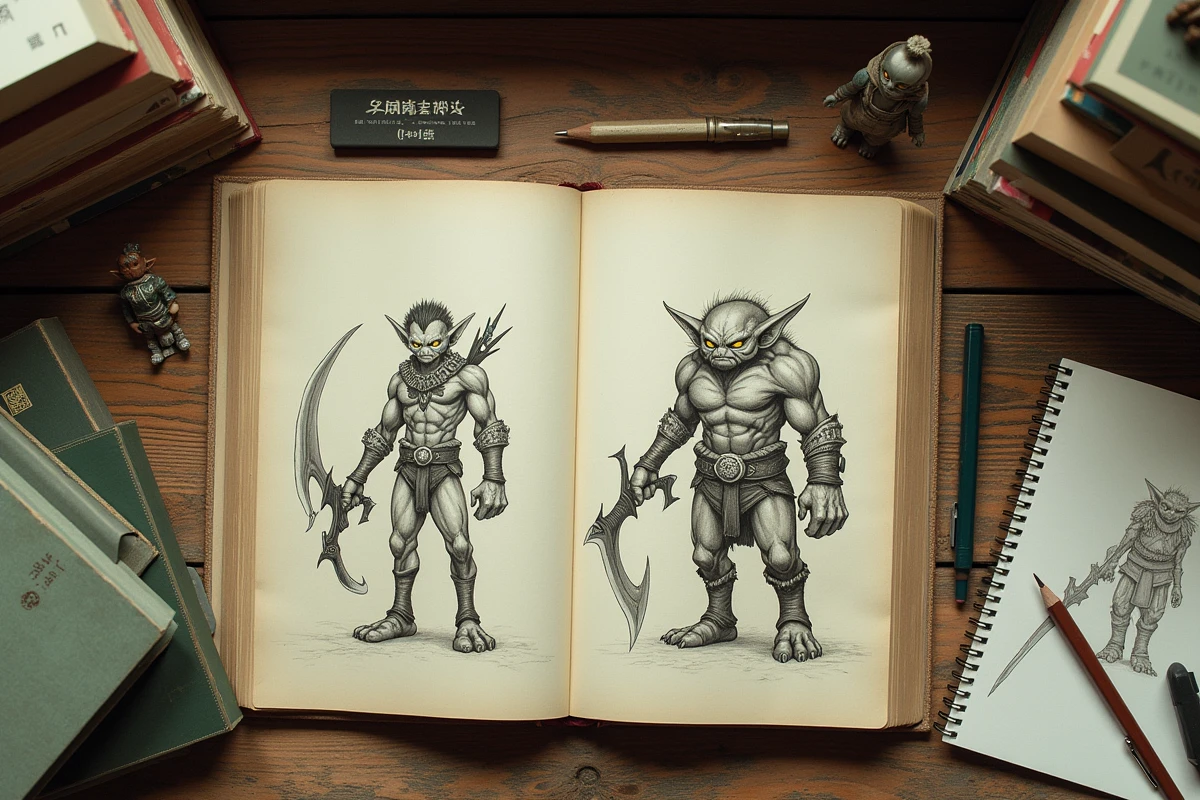 Bureau d'artiste avec volumes de manga isekai, croquis de personnages gobelin et figurine fantasy en vue de dessus