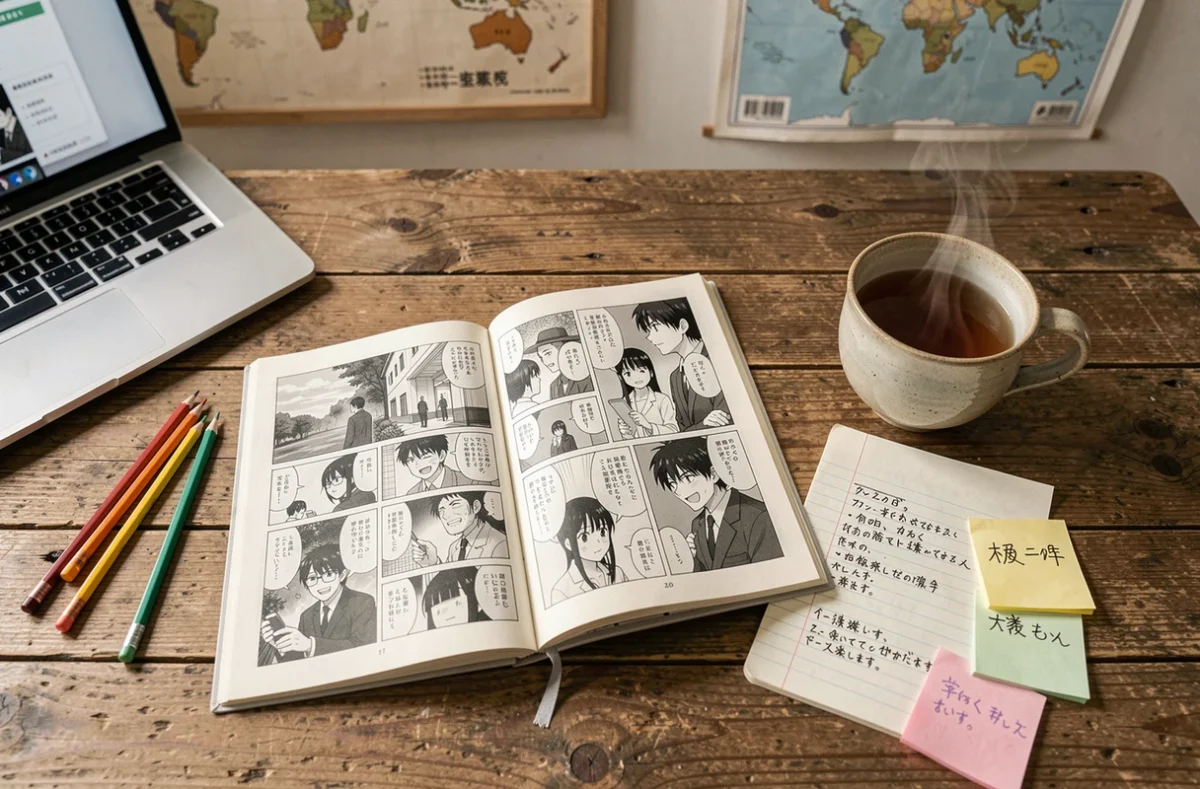 Bureau avec manga One Piece ouvert, notes de théories et tasse de thé pour analyser le chapitre 1139