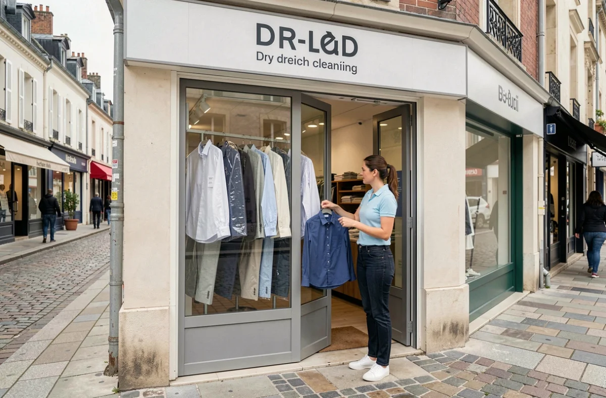 Devanture du Cap Pressing à Melun avec remise de vêtements propres à une cliente