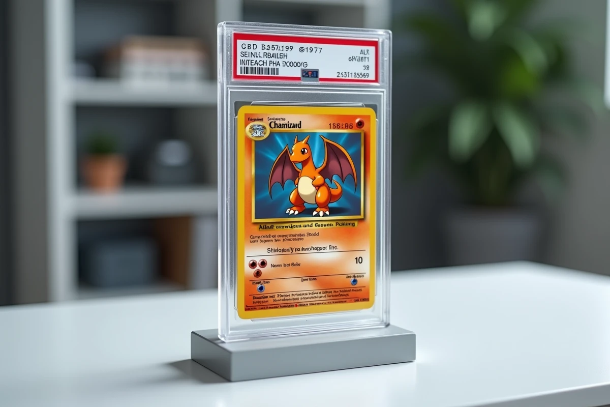 Carte Dracaufeu rare gradée dans une boîte rigide PSA posée sur un présentoir en acrylique blanc sur un bureau minimaliste de collectionneur