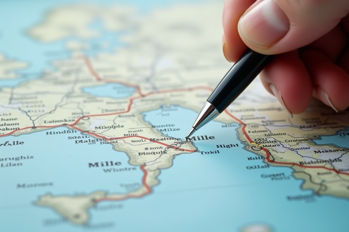 Zoom sur une carte routière avec main et stylo indiquant miles et kilomètres
