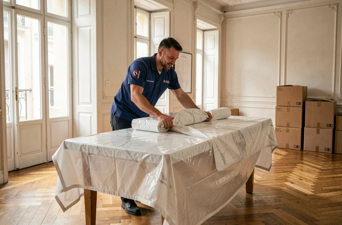 Déménageur Cartier Déménagement emballant une table en marbre dans un appartement haussmannien à Aix-en-Provence