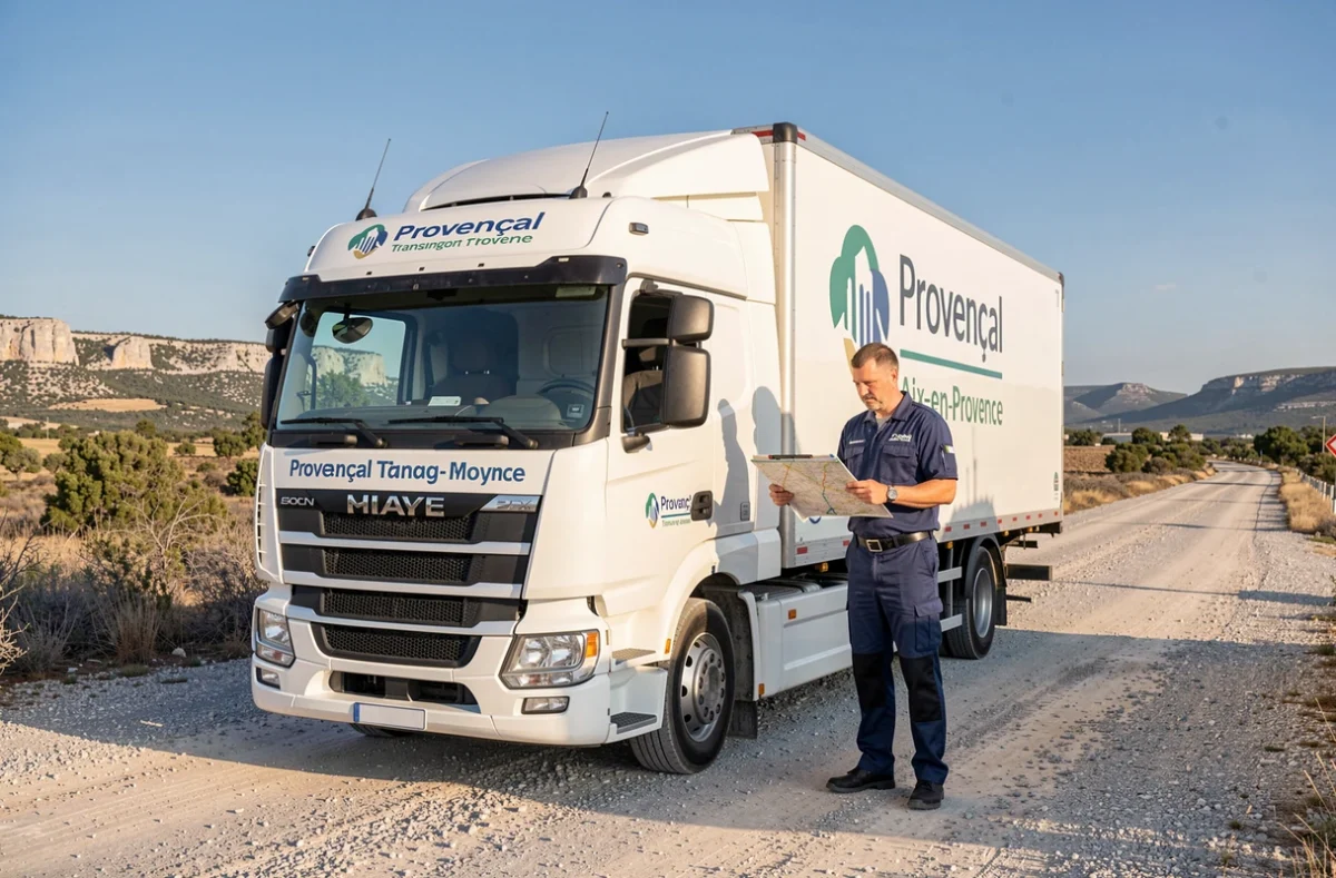 Chauffeur Cartier Transport et Déménagement consultant un itinéraire sur tablette près d'un camion longue distance à Aix-en-Provence