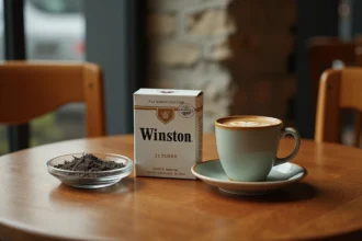 Cartouche de cigarettes Winston posée sur une table de café au Luxembourg avec cendrier et tasse à café