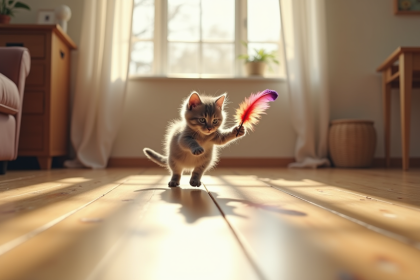 Chaton gris sautant après un jouet plume dans un salon lumineux