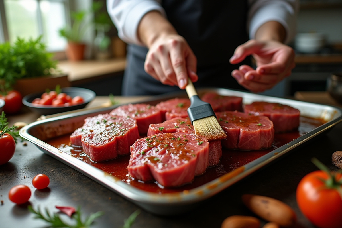 Chef appliquant la marinade sur des steaks de sanglier frais