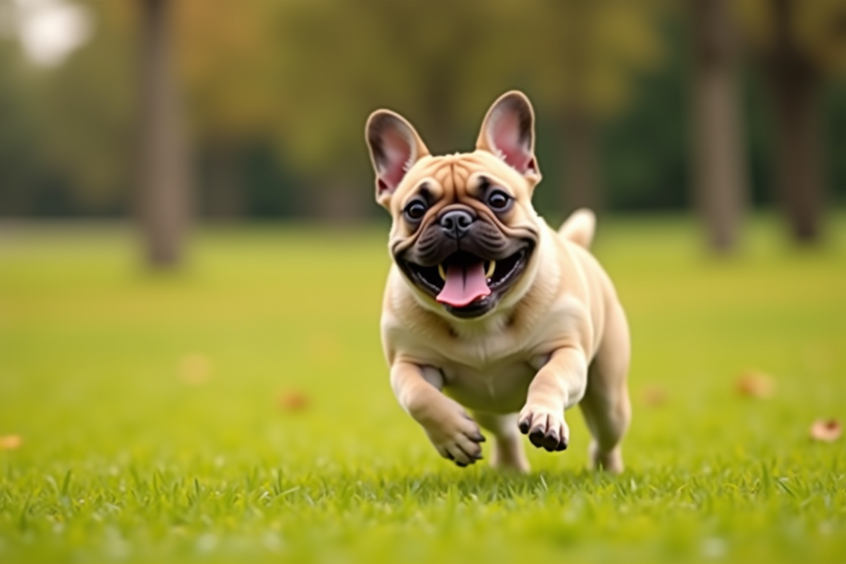 Bouledogue français courant dans un parc ensoleille