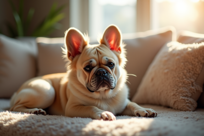 Bouledogue français douillet sur un canapé ensoleille