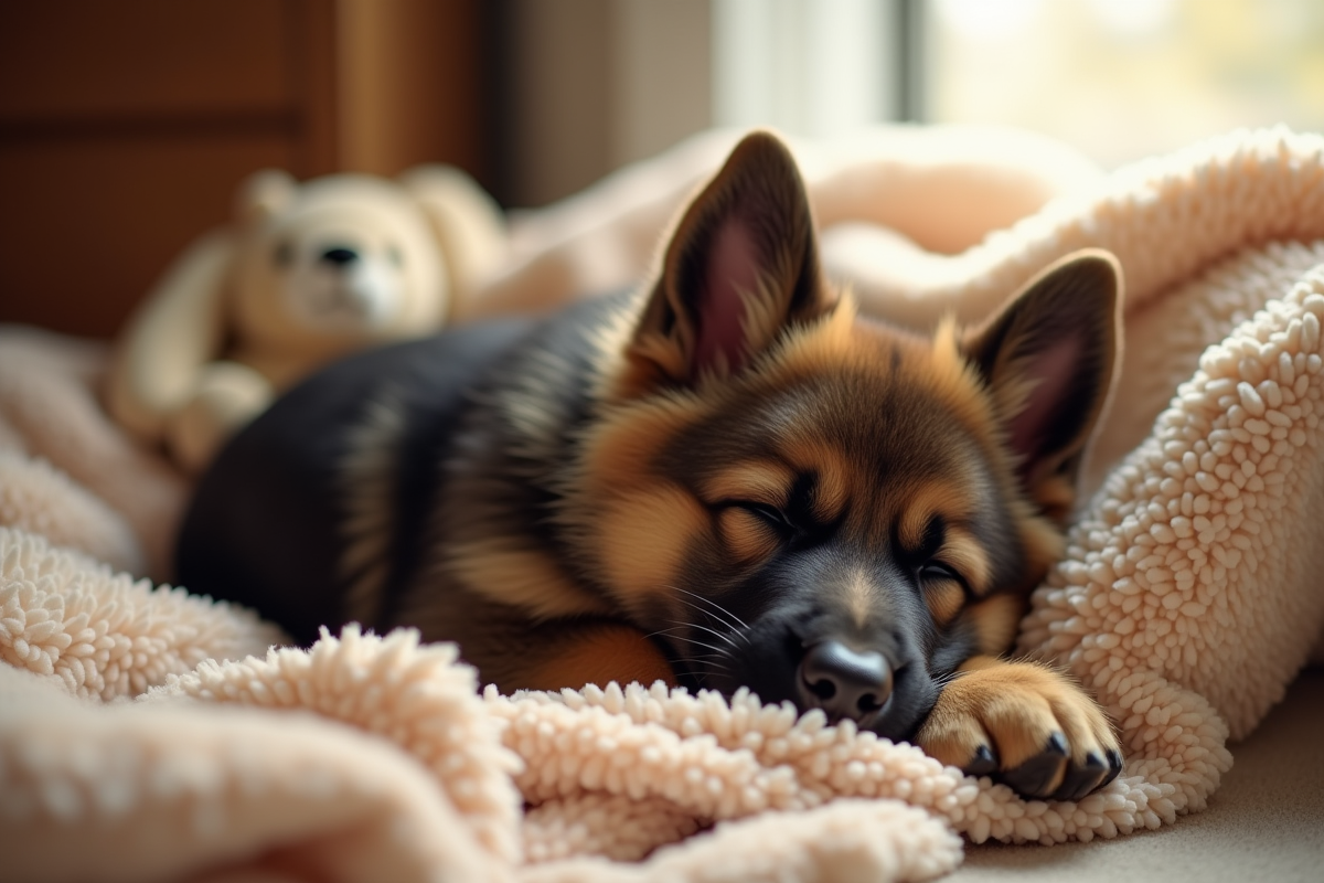 Chiot berger allemand dormant dans un espace douillet