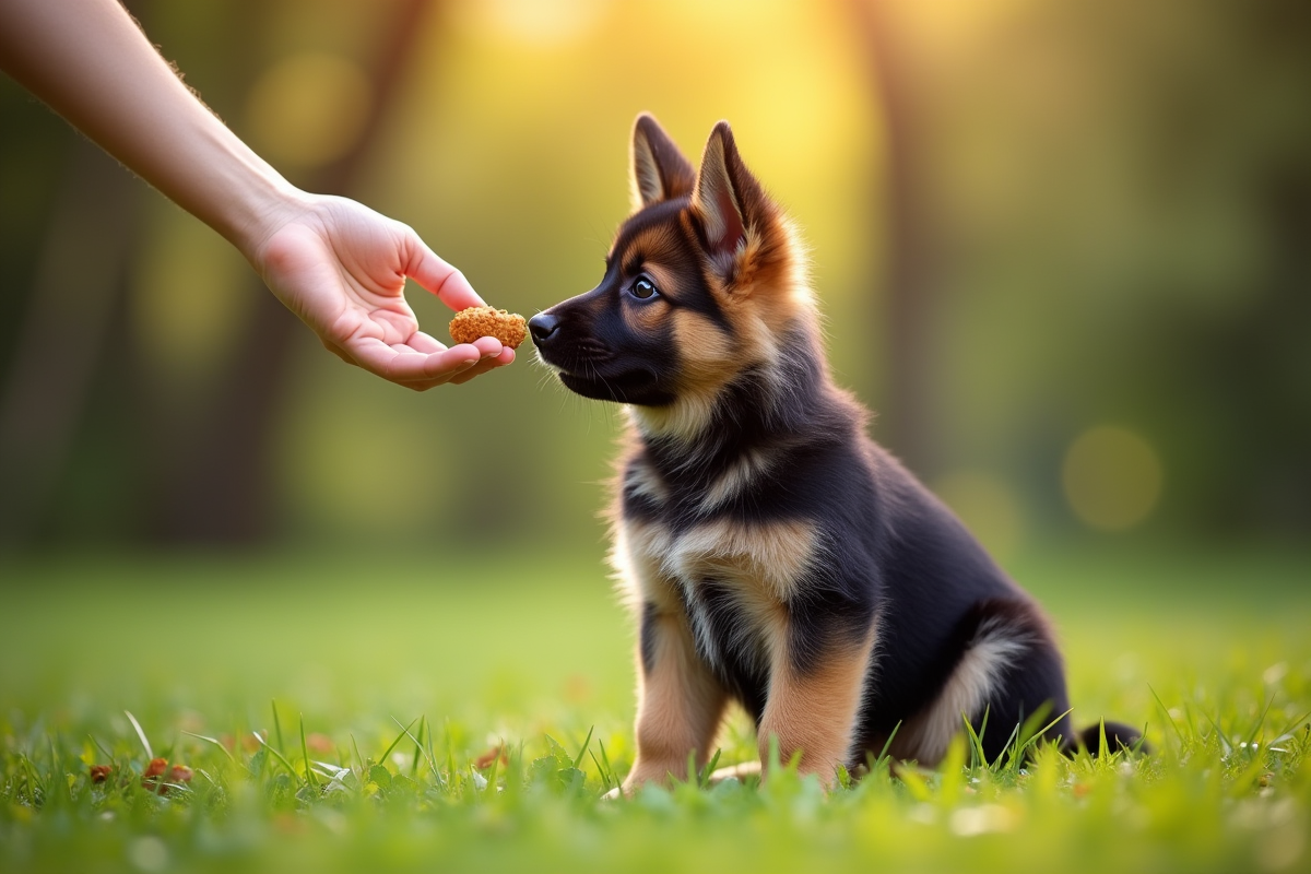 Chiot berger allemand assis sur l'herbe en plein soleil