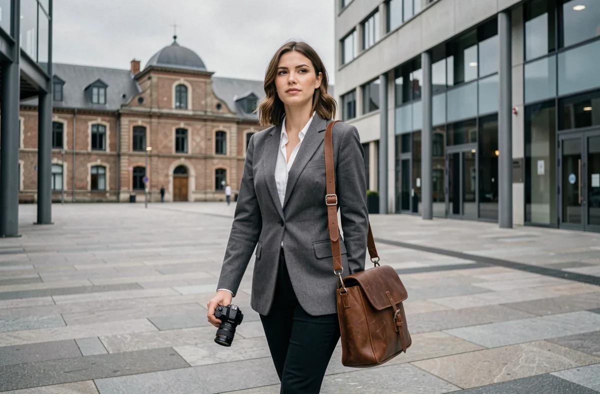 Chloé Keith, photographe professionnelle marchant dans une place urbaine moderne à Lens avec son sac photo