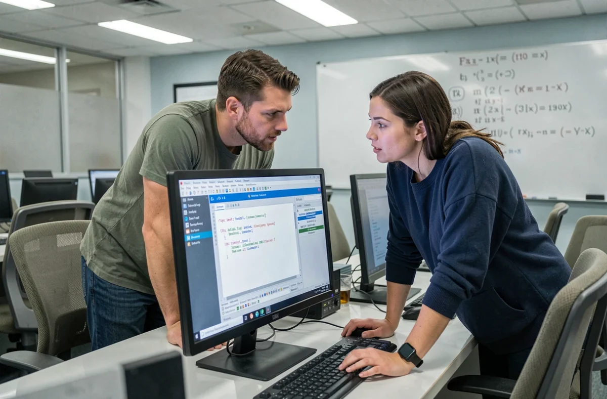Deux développeurs collaborant sur une session de débogage GDB dans une salle informatique universitaire