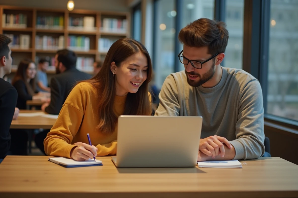Deux jeunes adultes débutants dans le scantrad collaborant devant un ordinateur portable dans une bibliothèque, l'un expliquant la plateforme Epsilon Scan à l'autre