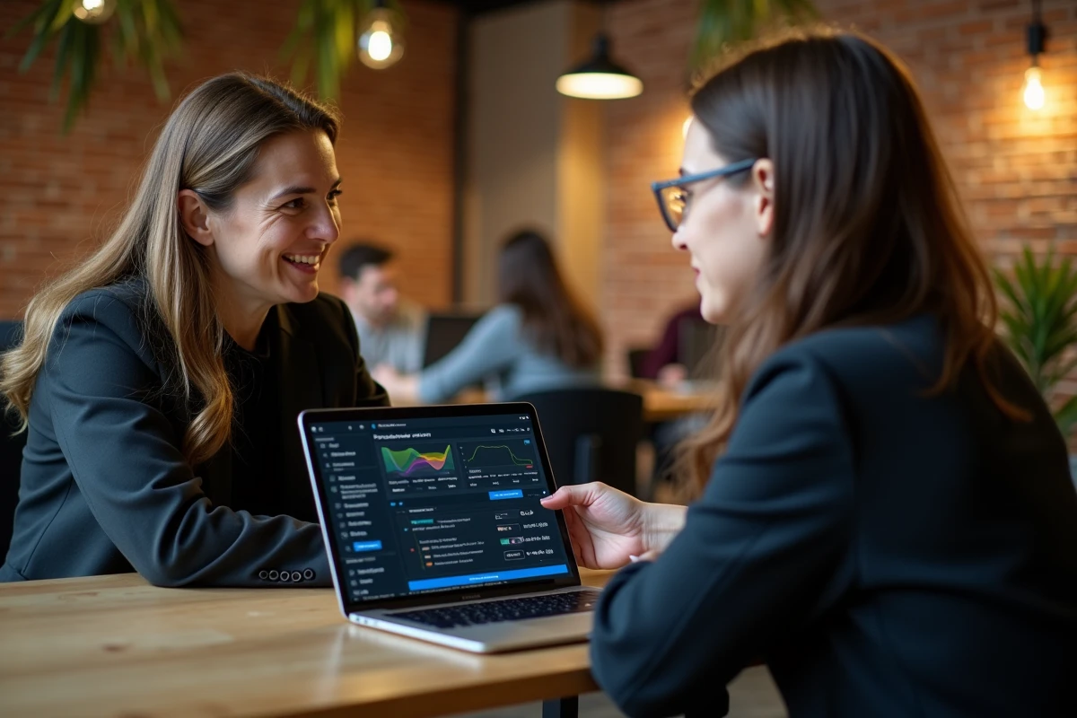 Deux professionnels collaborant sur les fonctionnalités avancées de Kabrax dans un espace de coworking