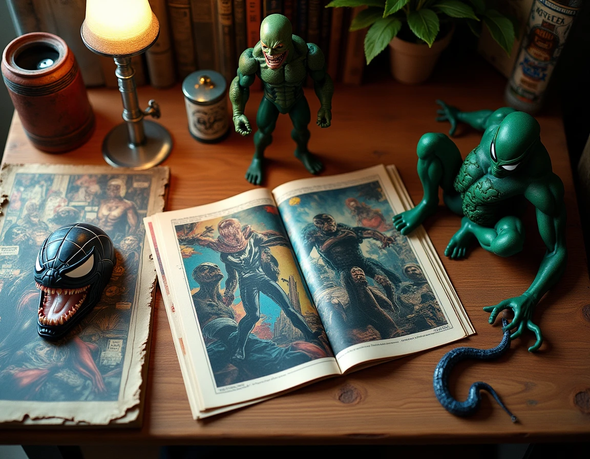 Planche éditoriale de figurines et comics Spider-Man mettant en scène les grands méchants verts et noirs de l'univers Marvel