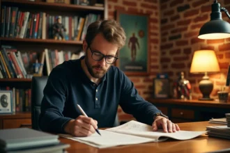 Collectionneur de cinéma examinant un script annoté d'Amazing Spider Man 3 dans un bureau rempli de figurines Marvel